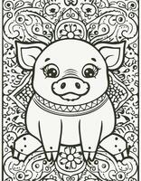 Cute Pig Boar Mammal Coloring Kid Book Page in Black and White. Monochrome and Samples vector