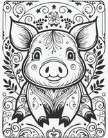 Cute Pig Boar Mammal Coloring Kid Book Page in Black and White. Monochrome and Colored Samples vector