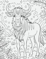 Cute Wildebeest Mammal Coloring Kid Book Page Black and White. Monochrome and Colored Samples vector