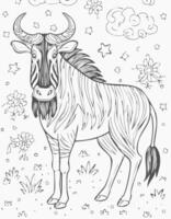 Cute Wildebeest Mammal Coloring Kid Book Page in Black and White. Monochrome and Samples vector