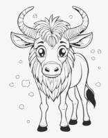 Cute Wildebeest Mammal Coloring Kid Book Page in Black and White. Monochrome Colored Samples vector