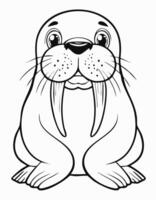 Cute Walrus Coloring Kid Page in Black and White. Monochrome and Colored Samples vector