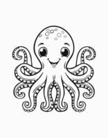 Cute Octopus Coloring Kid Book in Black and White. Monochrome and Colored Samples vector