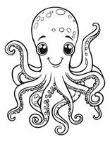 Cute Octopus Coloring Kid Book Page in Black and White. Monochrome and Colored Samples vector