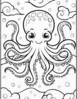 Cute Octopus Coloring Kid Book Page in Black and White. Monochrome and Colored vector