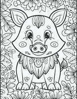 Cute Boar Pig Mammal Coloring Kid Page in Black and White. Monochrome and Colored Samples vector