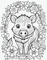 Cute Boar Pig Mammal Coloring Kid Book Page in Black and White. Monochrome and Colored Samples vector
