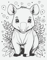 Cute Tapir Mammal Coloring Kid Book Page Black and White. Monochrome and Colored Samples vector