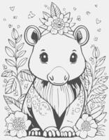Cute Tapir Mammal Coloring Kid Book Page in Black and White. and Colored Samples vector