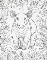 Cute Tapir Mammal Coloring Kid Book Page in Black and White. Monochrome and Colored vector