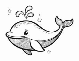 Cute Whale Animal Coloring Kid Book Page in Black and White. Monochrome and Colored vector