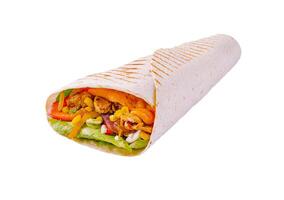 Flavorful chicken wrap filled with fresh vegetables and cheese ready to be enjoyed at lunchtime photo