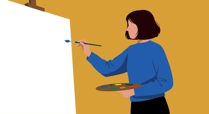 Artist preparing to paint on canvas with brush in hand in flat art style illustration