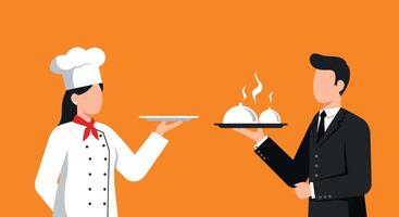 Chef presenting a dish to a waiter in a flat and minimal style illustration vector
