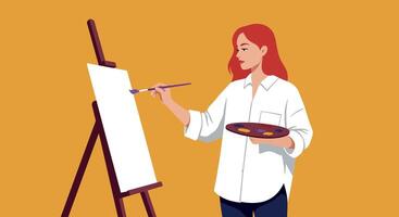 Artist with paintbrush creating art on canvas in flat style illustration vector
