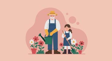 Gardening scene featuring a man and a girl in flat design style showcasing vibrant flowers and plants in art vector