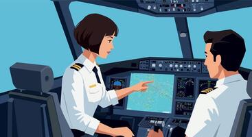Two pilots in cockpit discussing navigation details in a flat illustration style showcasing teamwork and professionalism art vector