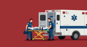 Ambulance scene with paramedics loading patient, featuring flat design style, digital colors, and clean lines, illustration vector