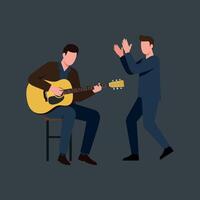 Two musicians performing together with guitar and clapping in flat illustration style showcasing lively interaction art vector