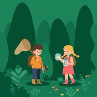 Children exploring nature in a vibrant green forest with flat design elements in art vector