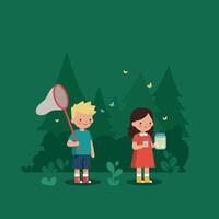 Children catching butterflies in a forest with a playful flat design style illustration vector