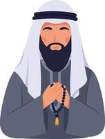 Man in traditional attire with a beard and prayer beads, flat design illustration vector