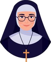 Sister in traditional attire with glasses, minimal style, showcasing a gentle smile, illustration vector
