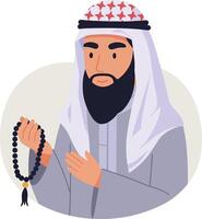 Man holding prayer beads in traditional attire with a flat design style showcasing cultural elements in art vector