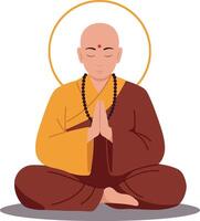 Meditating monk in a serene pose with flat design elements showcasing tranquility and peace in art vector