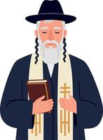Elderly man with a beard wearing a black hat and shawl in flat art style holding a book illustration vector