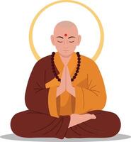 Meditating monk in vibrant robes with serene expression in flat art style showcasing calmness and spirituality illustration vector
