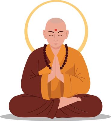Meditating monk in vibrant robes with serene expression in flat art style showcasing calmness and spirituality illustration