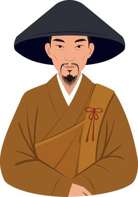 Traditional Asian monk character wearing a wide-brimmed hat in a flat illustration style art
