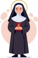 Nun holding a Bible in flat design style with a halo and soft background elements in art vector