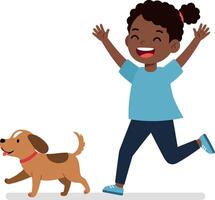 Happy child running joyfully with playful dog in vibrant colors, flat design illustration vector
