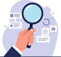 Hand holding a magnifying glass inspecting digital data in flat design art vector