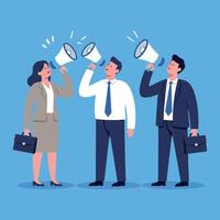 Engaging business professionals communicating with megaphones in a flat and colorful design art vector