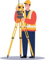 Surveyor using a theodolite in a construction site wearing safety gear, flat illustration vector