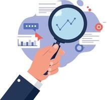 Hand holding magnifying glass analyzing data trends with flat design elements in vibrant colors illustration vector
