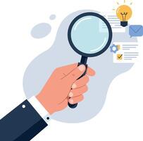 Hand holding a magnifying glass exploring ideas with detailed flat design art vector