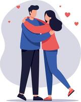 Embracing couple in a loving pose with red hearts and soft colors in flat art vector