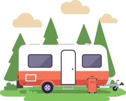 Vintage camper trailer in a forest setting with flat design style art vector