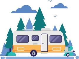 Vintage camper surrounded by tall trees in a minimal flat design art vector
