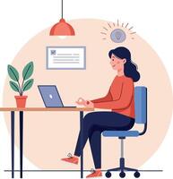 Woman working at a desk with a laptop in a minimal flat design illustration vector