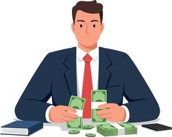 Businessman counting money with cash scattered on table in minimal illustration vector