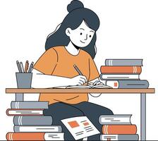 Student engaged in study and writing with books around her in minimal flat illustration vector