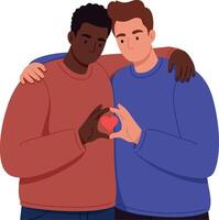 Two men sharing a heartfelt moment with a heart symbol in a minimal flat design illustration vector