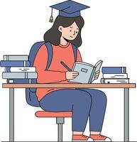 Student reading a book while sitting at a desk surrounded by books in a flat illustration vector