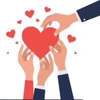 Hands reaching for a red heart symbolizing love and connection in a flat illustration vector