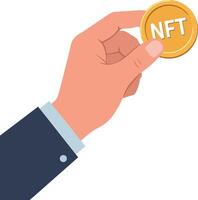 Hand holding a gold coin labeled NFT in flat and minimal design style art vector
